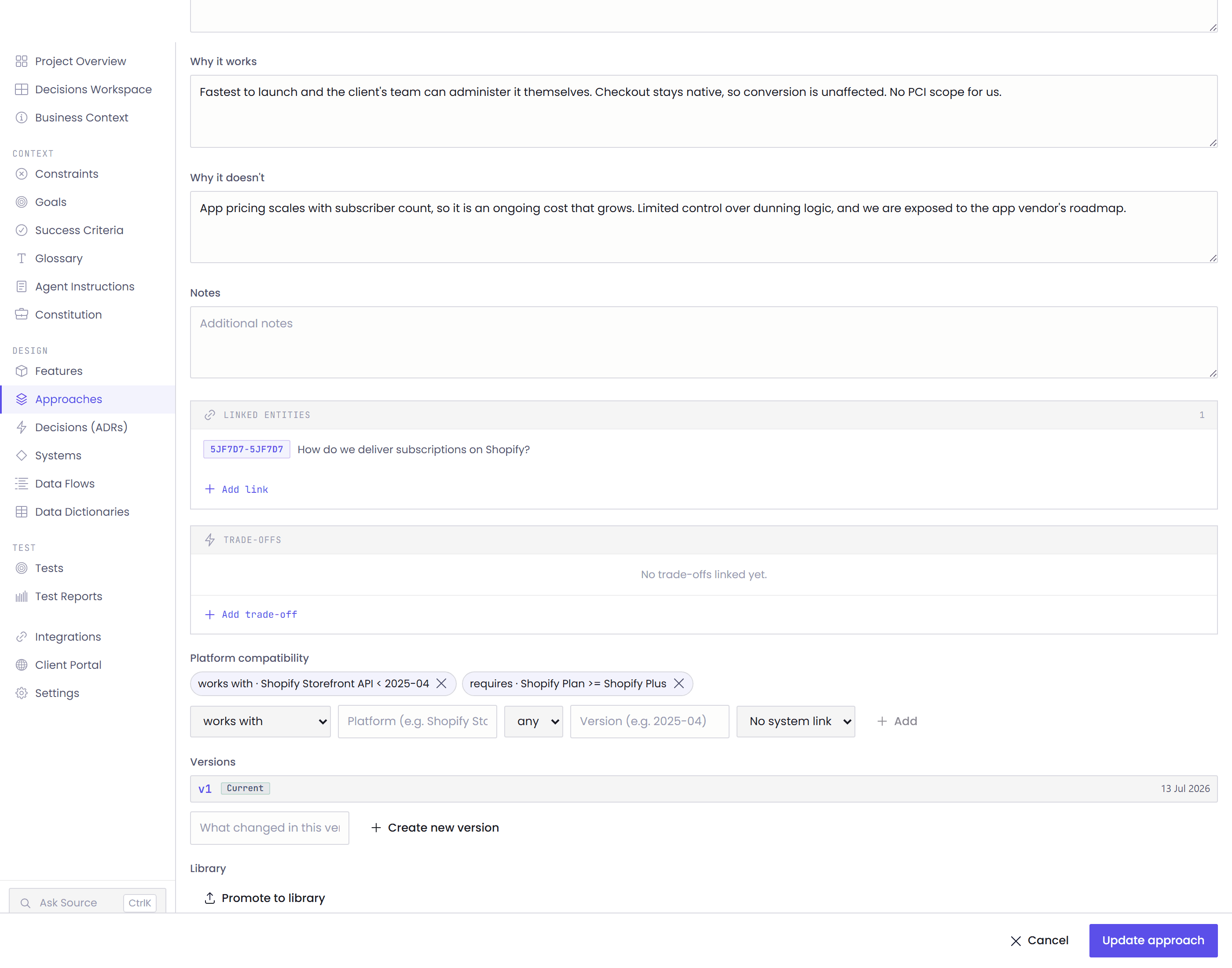 An approach showing platform compatibility tags, a version history and a promote to library action