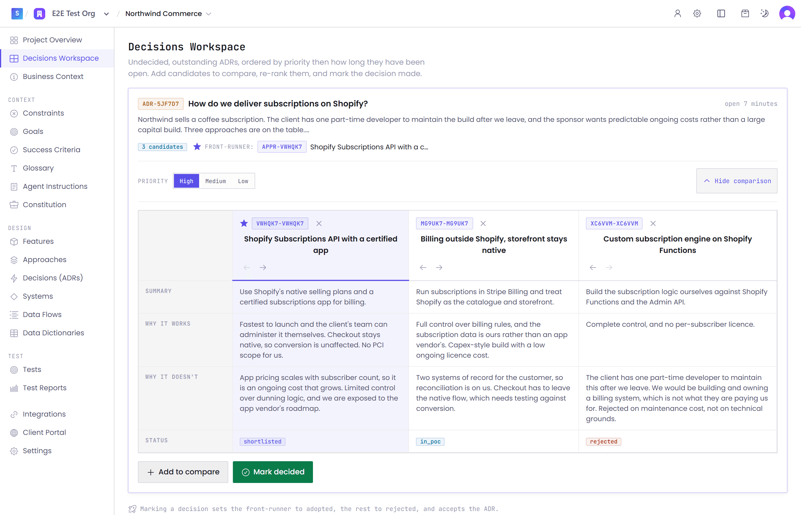 Three candidate approaches compared side by side, with summary, why it works, why it doesn't and status