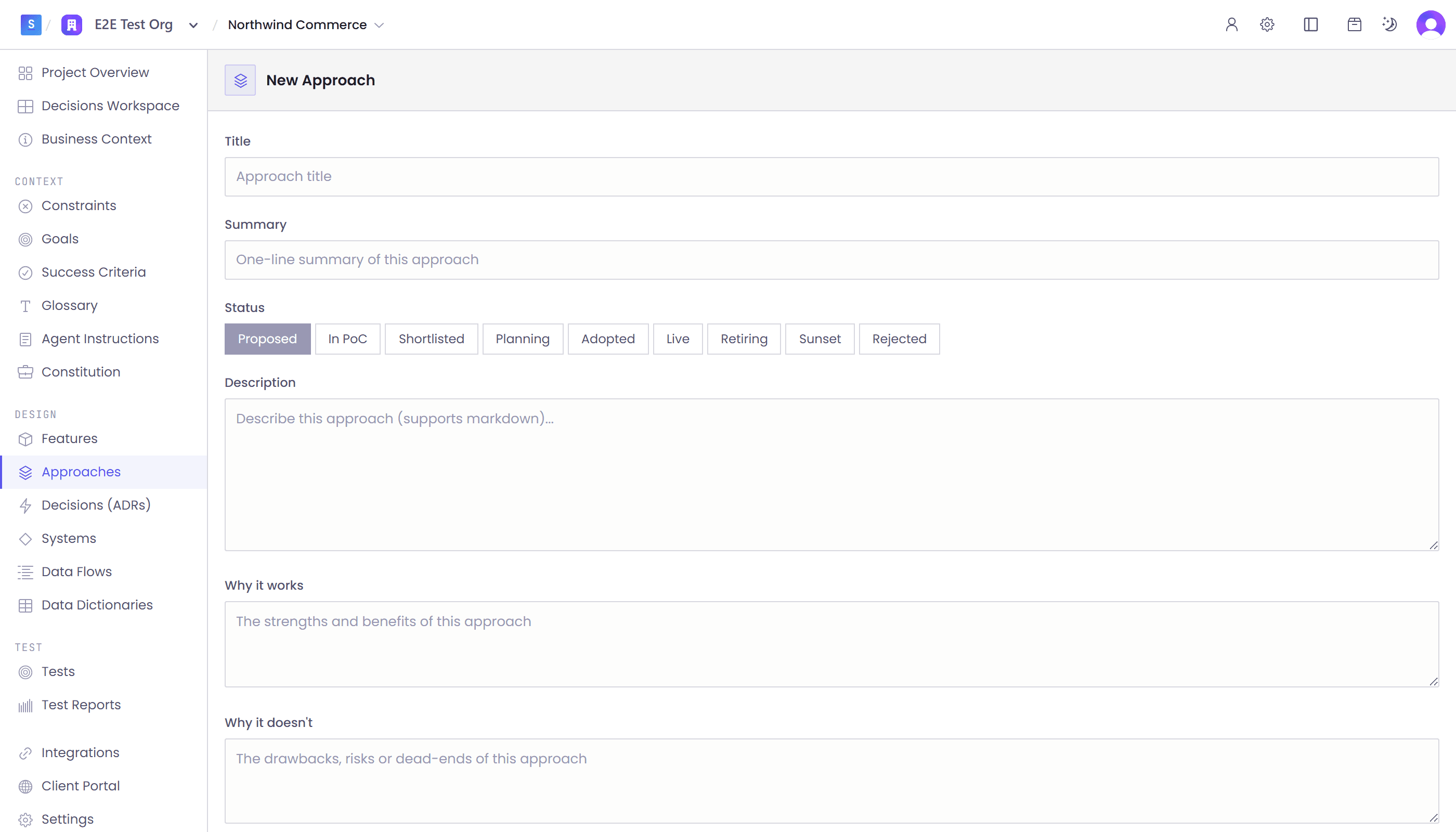 The new approach form, with title, summary, a status selector and separate fields for why it works and why it doesn't